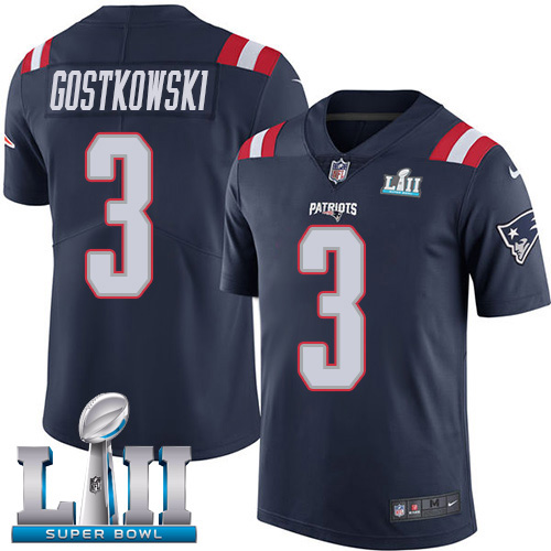 Nike Patriots #3 Stephen Gostkowski Navy Blue Super Bowl LII Men's Stitched NFL Limited Rush Jersey - Click Image to Close